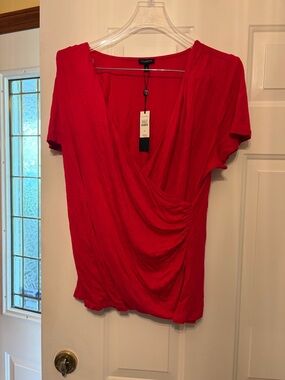 Talbots Red Draped V-Neck Short Sleeve Blouse